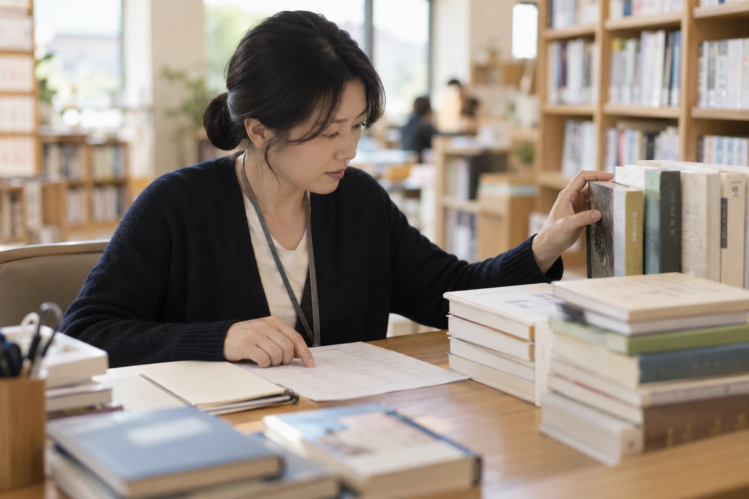 도서 주문 목록과 책을 함께 확인하는 도서관 담당자의 설명 장면 · AI 생성 이미지