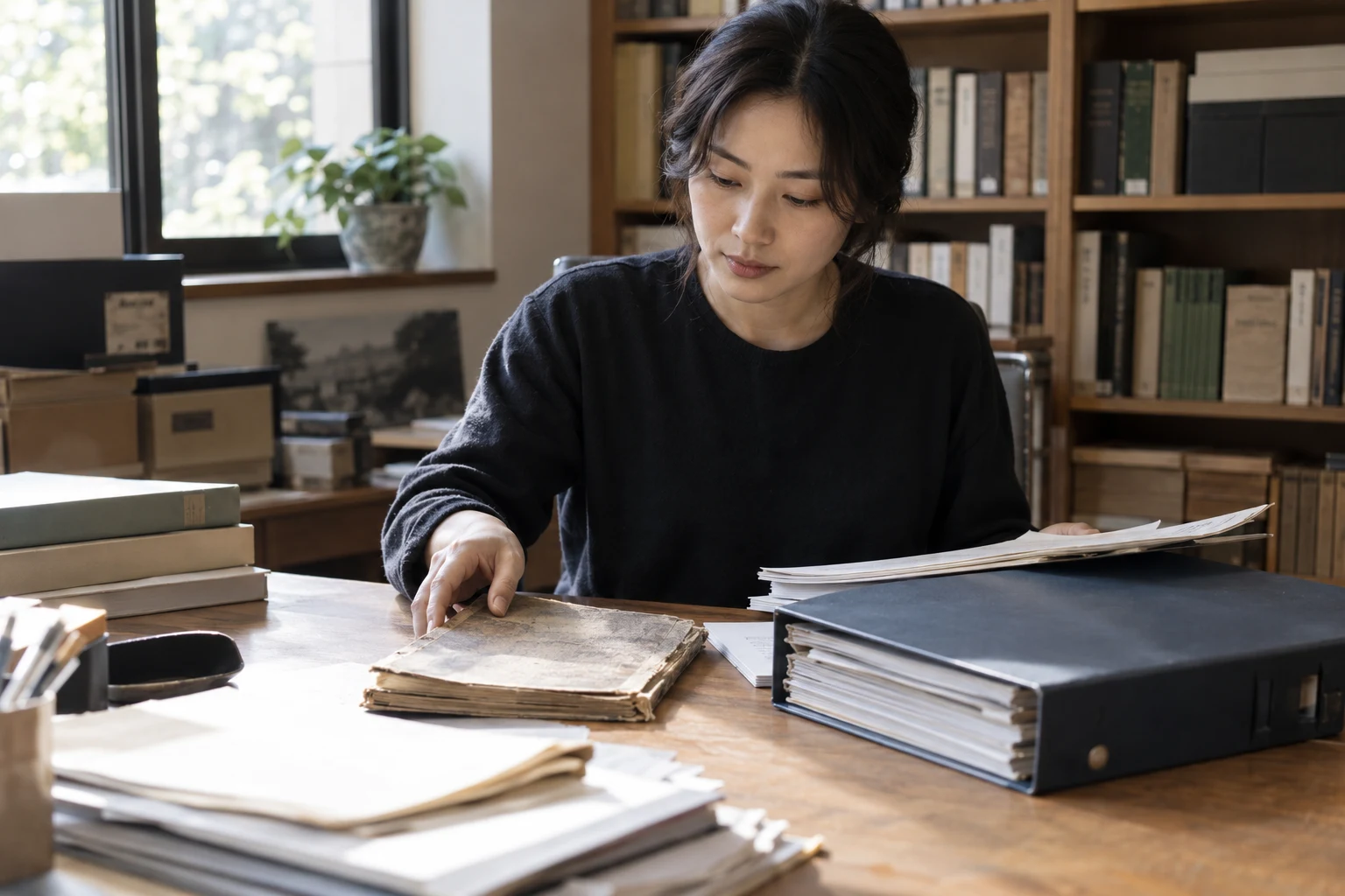 옛 안내 자료와 새 문서를 비교하며 보관할 내용을 고르는 설명 장면 · AI 생성 이미지