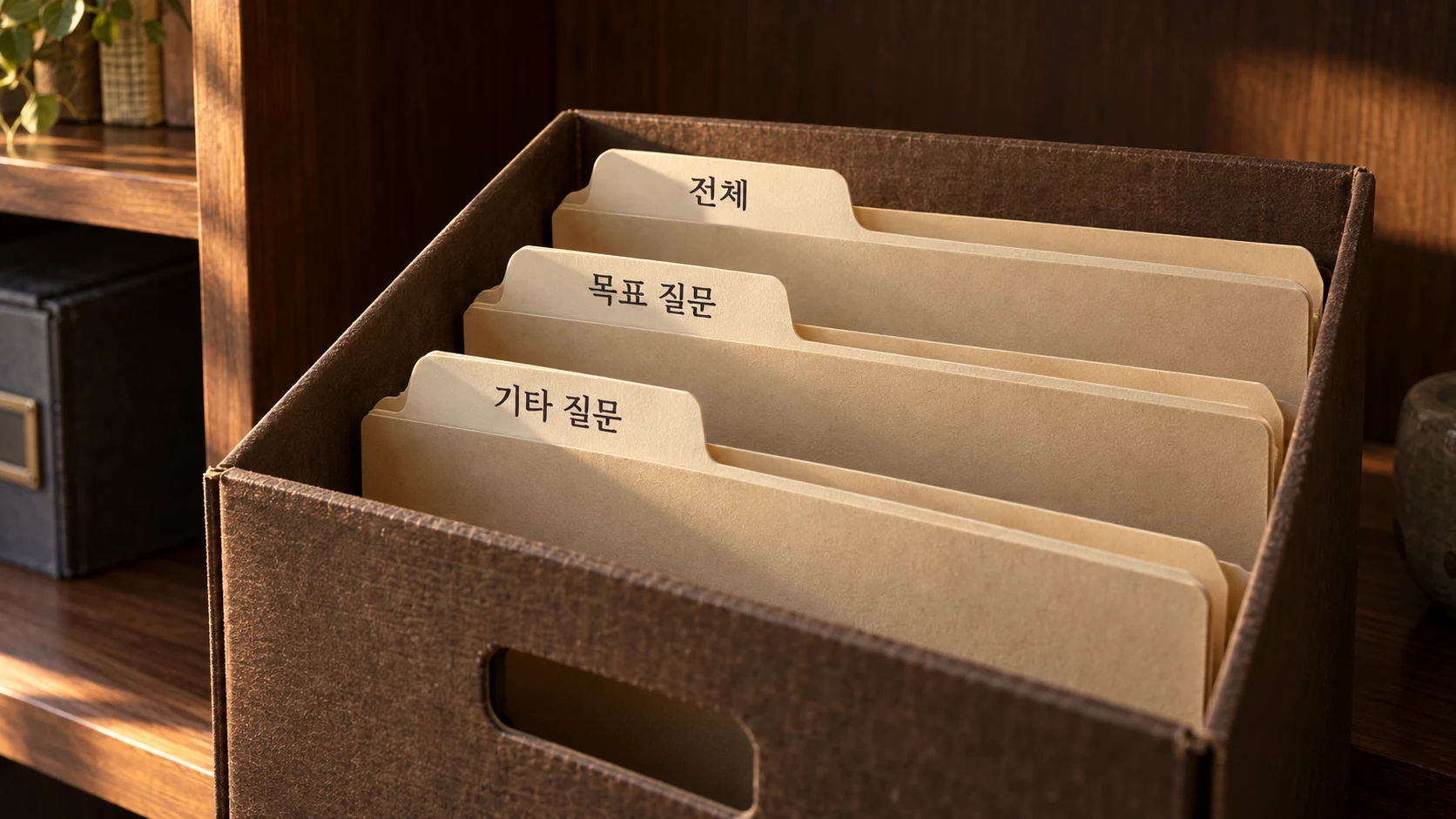 전체 추이와 목표·기타 질문 묶음을 함께 남기는 가상 빈 자료 보관함의 AI 생성 사진