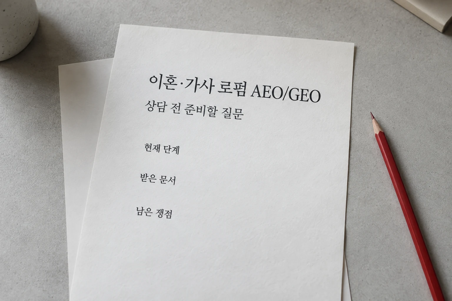 이혼·가사 로펌 AEO/GEO의 상담 전 질문 편집 견본을 종이에 표현한 AI 생성 사진