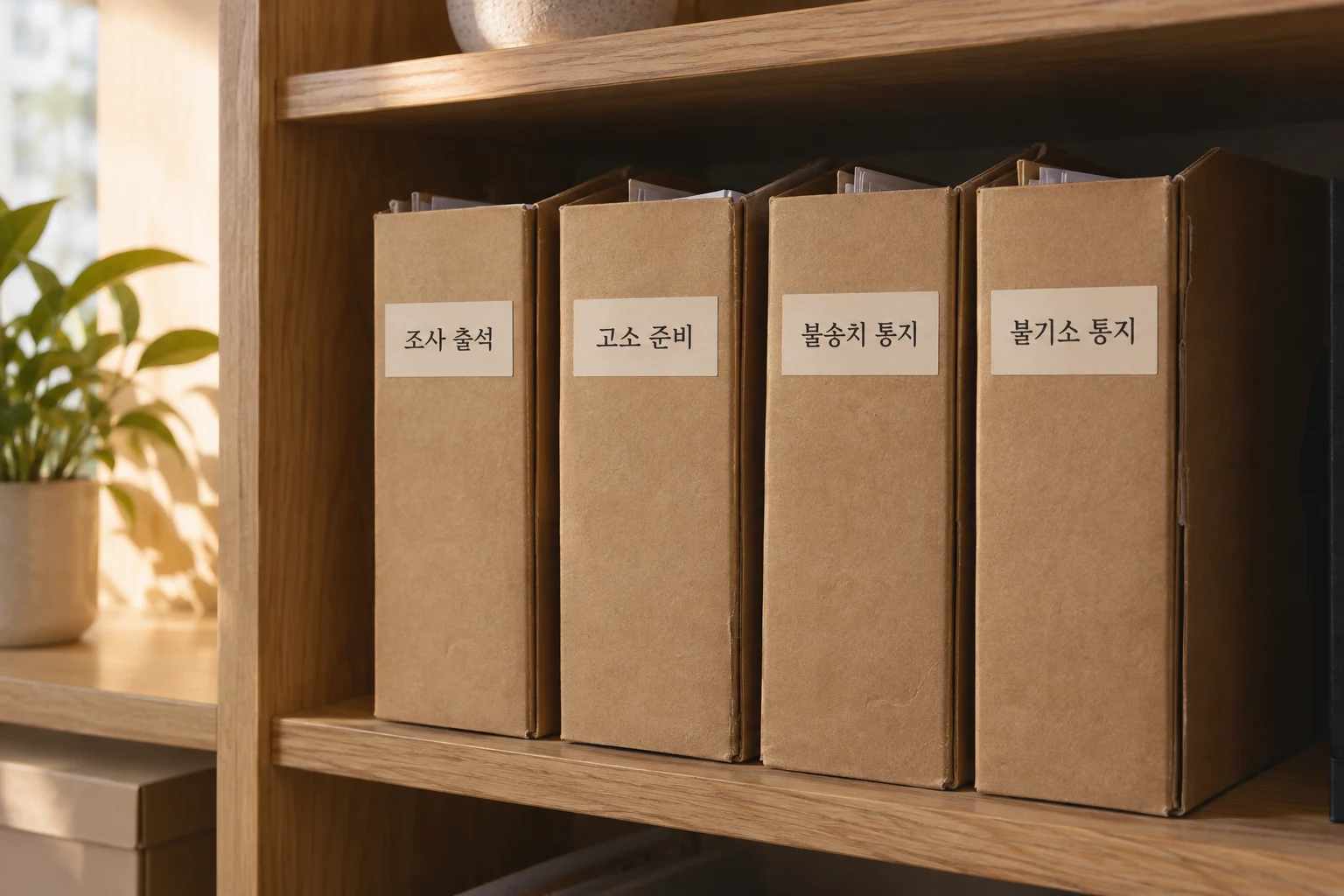 조사 출석·고소 준비·불송치 통지·불기소 통지의 기획 견본 문서철을 보여주는 AI 생성 사진