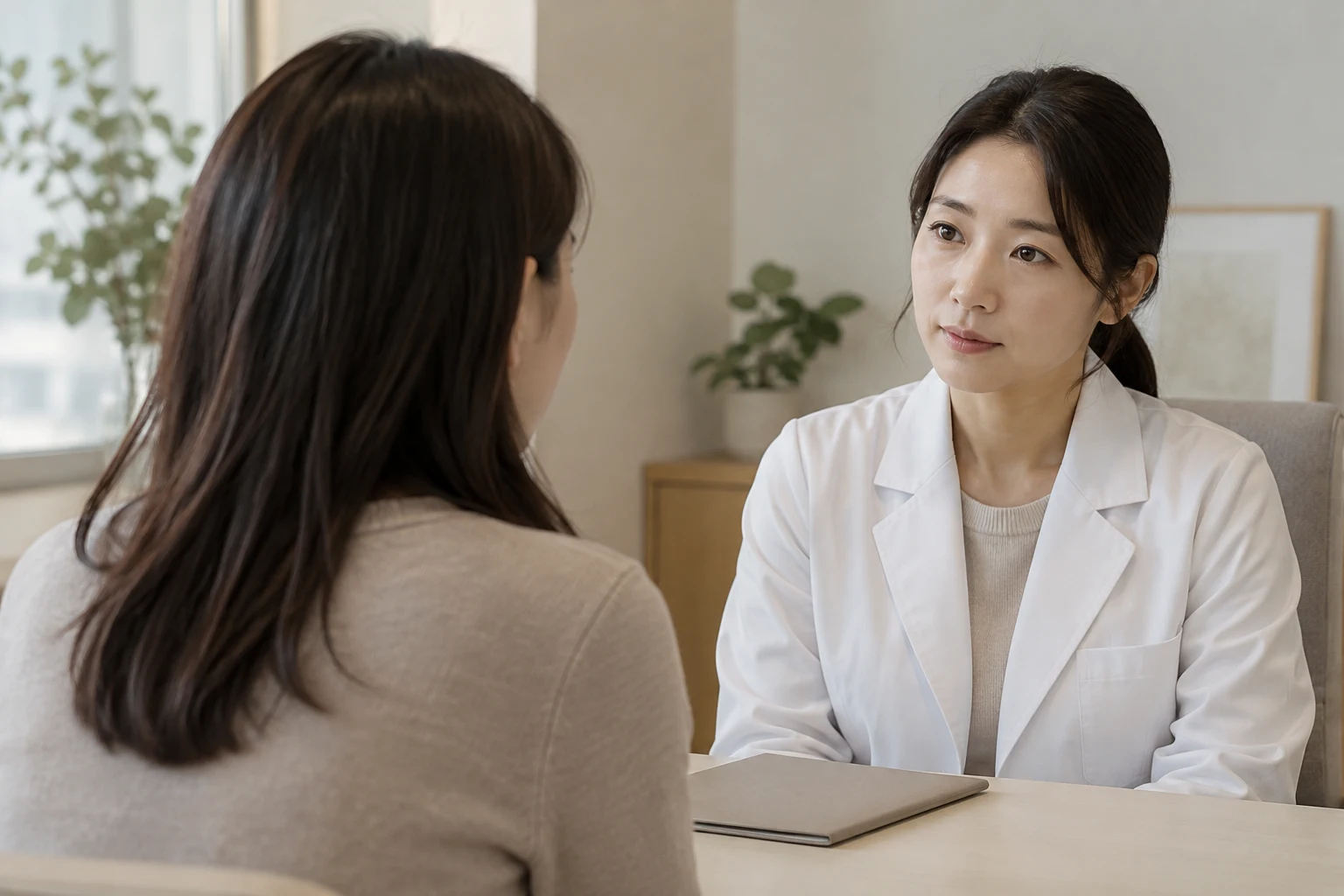 상담에서 질문을 정리하는 맥락을 보여주는 가상 성인 대화의 AI 생성 사진