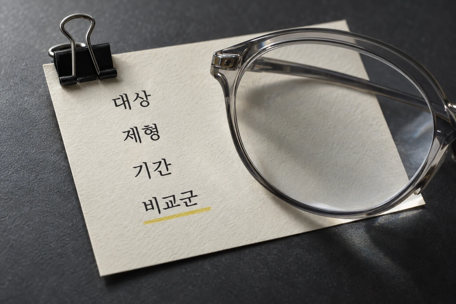 근거 검토 항목인 대상·제형·기간·비교군을 종이 메모와 안경으로 표현한 AI 생성 사진